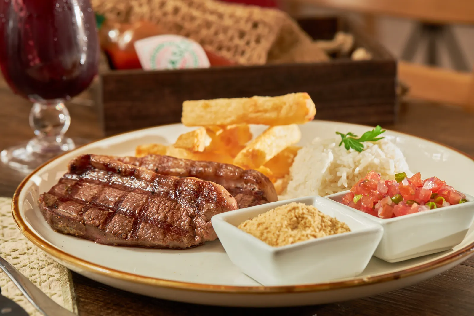 King’s Point top sirloin steak with rice, yucca, farofa, and vinaigrette